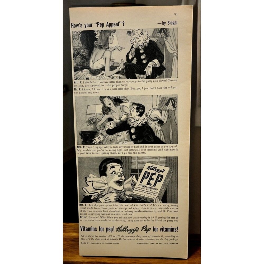 Kelloggs Pep Cereal Vintage Print Ad 1940s Kitchen Breakfast Wall Art Clown